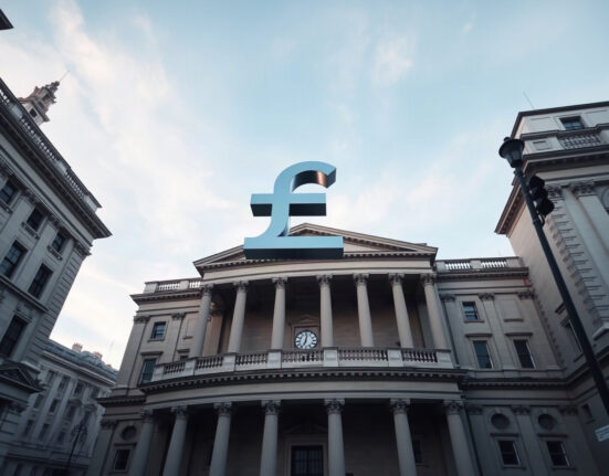 Bank of England building with a large pound sterling symbol in the sky, representing currency markets