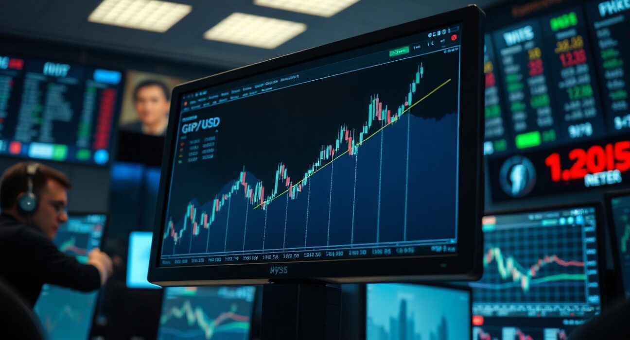 A computer monitor on a trading floor displays a rising GBP/USD candlestick chart, reflecting the pound's gains amid geopolitical tensions.