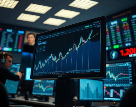 A computer monitor on a trading floor displays a rising GBP/USD candlestick chart, reflecting the pound's gains amid geopolitical tensions.