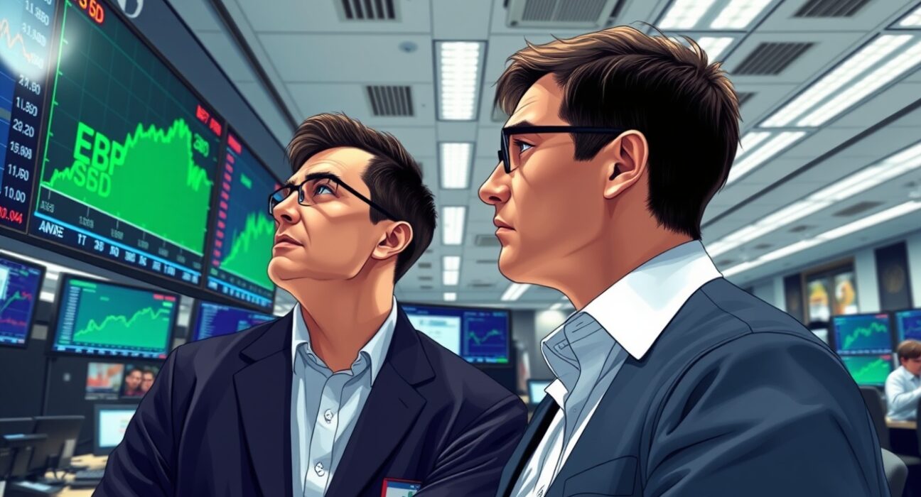 Traders on London forex floor reacting to pound sterling gains after Iran ceasefire news.