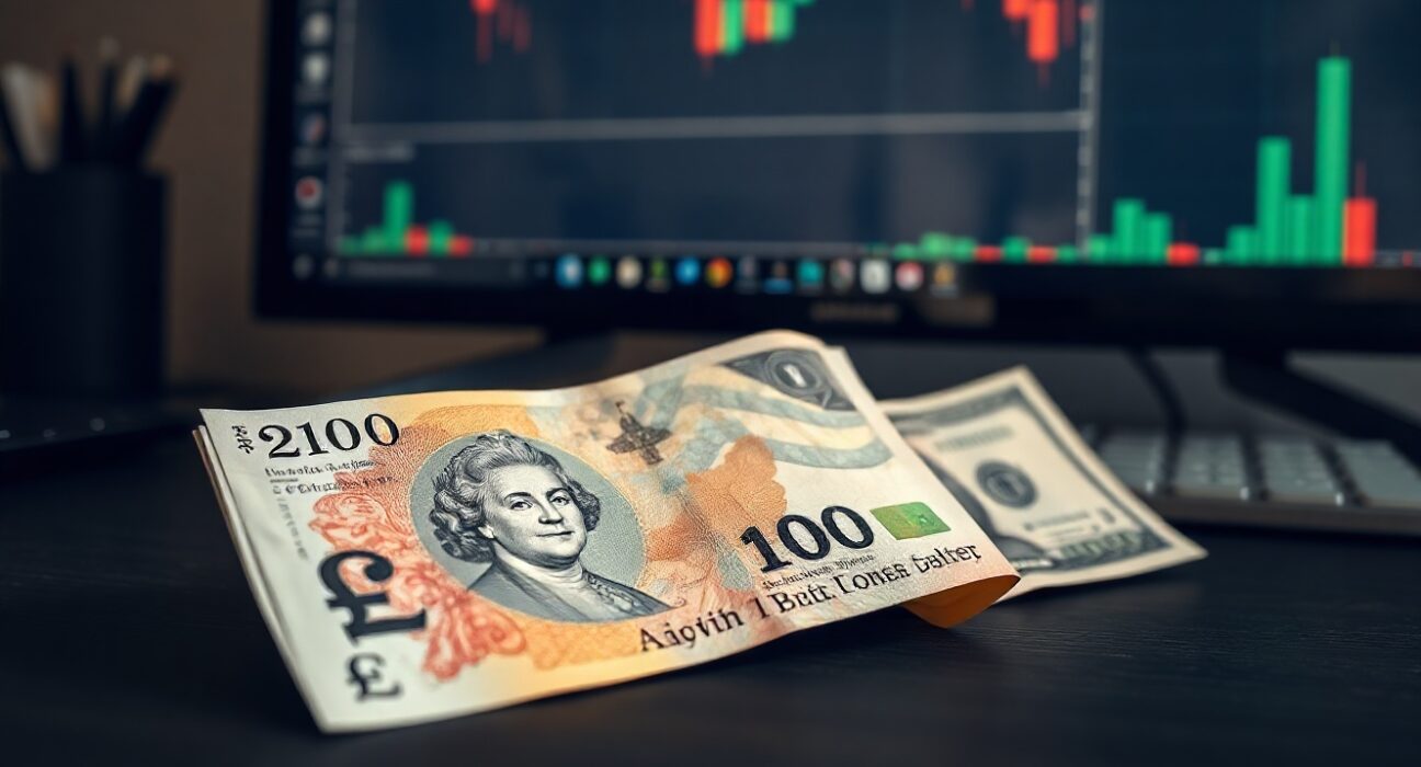 British pound and US dollar banknotes side by side on a desk with a financial chart in the background