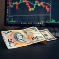 British pound and US dollar banknotes side by side on a desk with a financial chart in the background