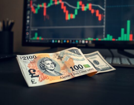 British pound and US dollar banknotes side by side on a desk with a financial chart in the background