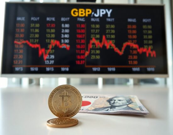 GBP/JPY exchange rate chart and currency symbols on a trading desk