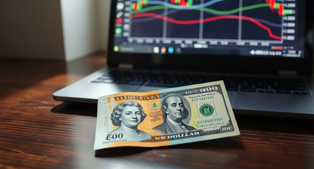 British pound and US dollar banknotes on a desk with a trading chart in the background