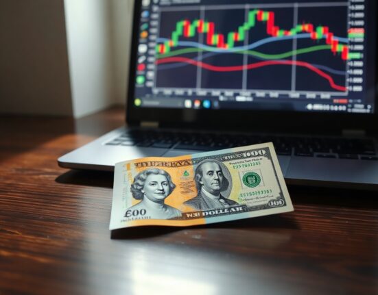 British pound and US dollar banknotes on a desk with a trading chart in the background