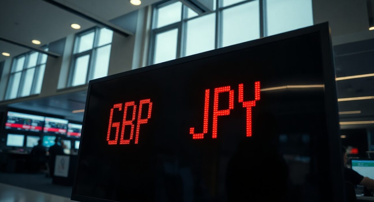 Digital currency exchange board showing GBP/JPY rates in a modern financial setting