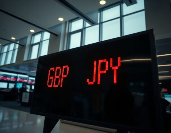 Digital currency exchange board showing GBP/JPY rates in a modern financial setting