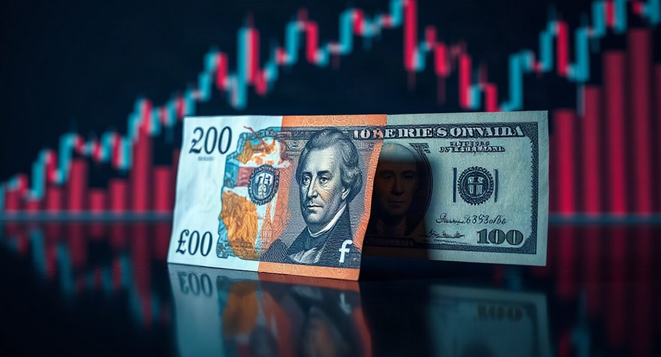 British pound and US dollar banknotes on a reflective surface with a stock chart in the background