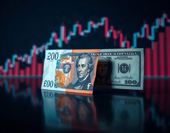 British pound and US dollar banknotes on a reflective surface with a stock chart in the background