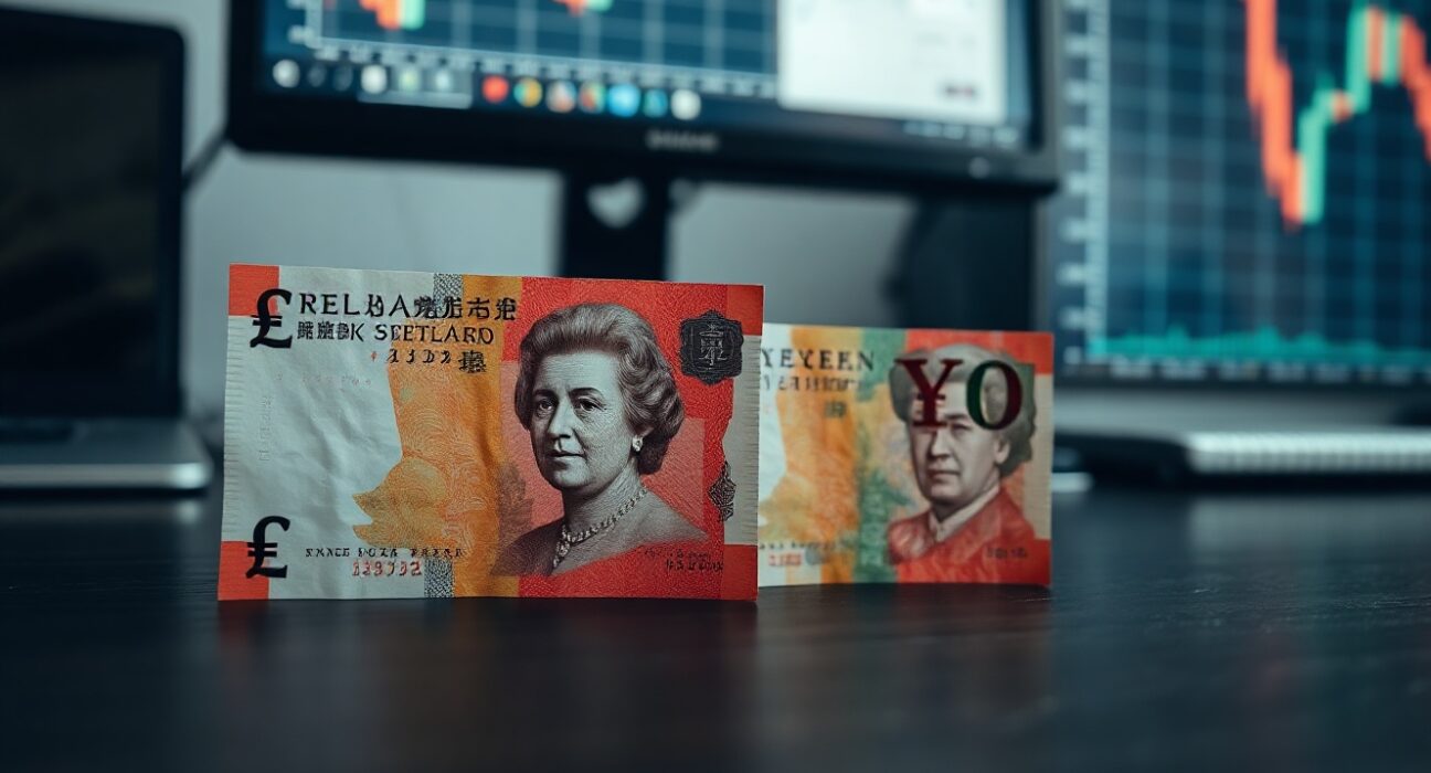 British pound and Japanese yen banknotes on a desk with a forex chart in the background