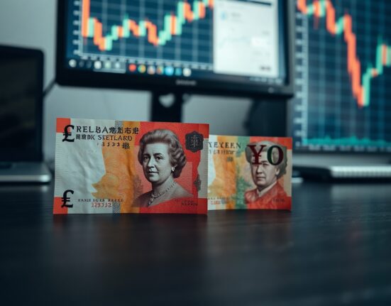 British pound and Japanese yen banknotes on a desk with a forex chart in the background