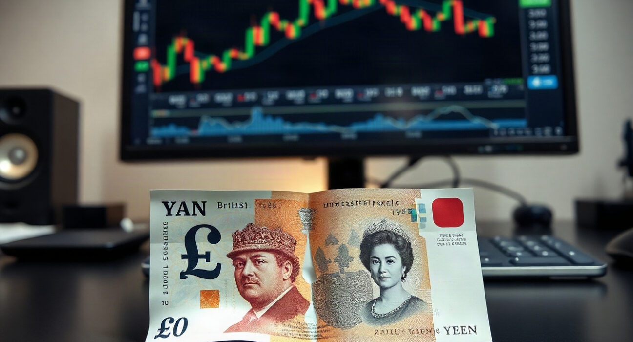 British pound and Japanese yen banknotes on a desk with a financial chart in the background
