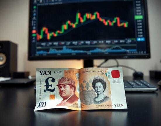 British pound and Japanese yen banknotes on a desk with a financial chart in the background