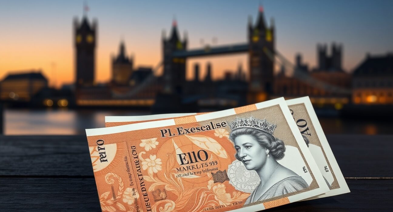 British pound banknotes on dark surface with London skyline background at dusk
