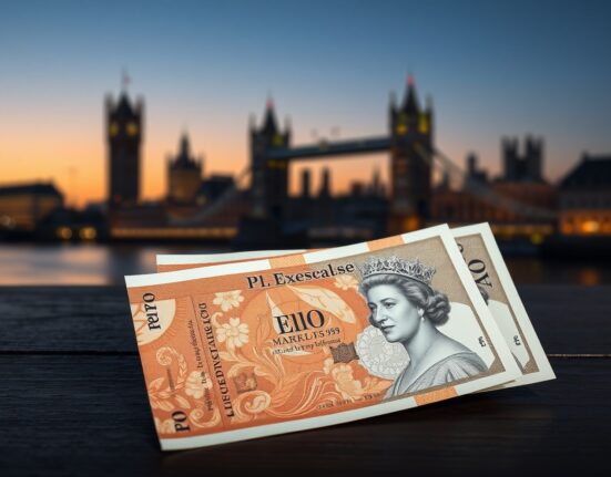 British pound banknotes on dark surface with London skyline background at dusk