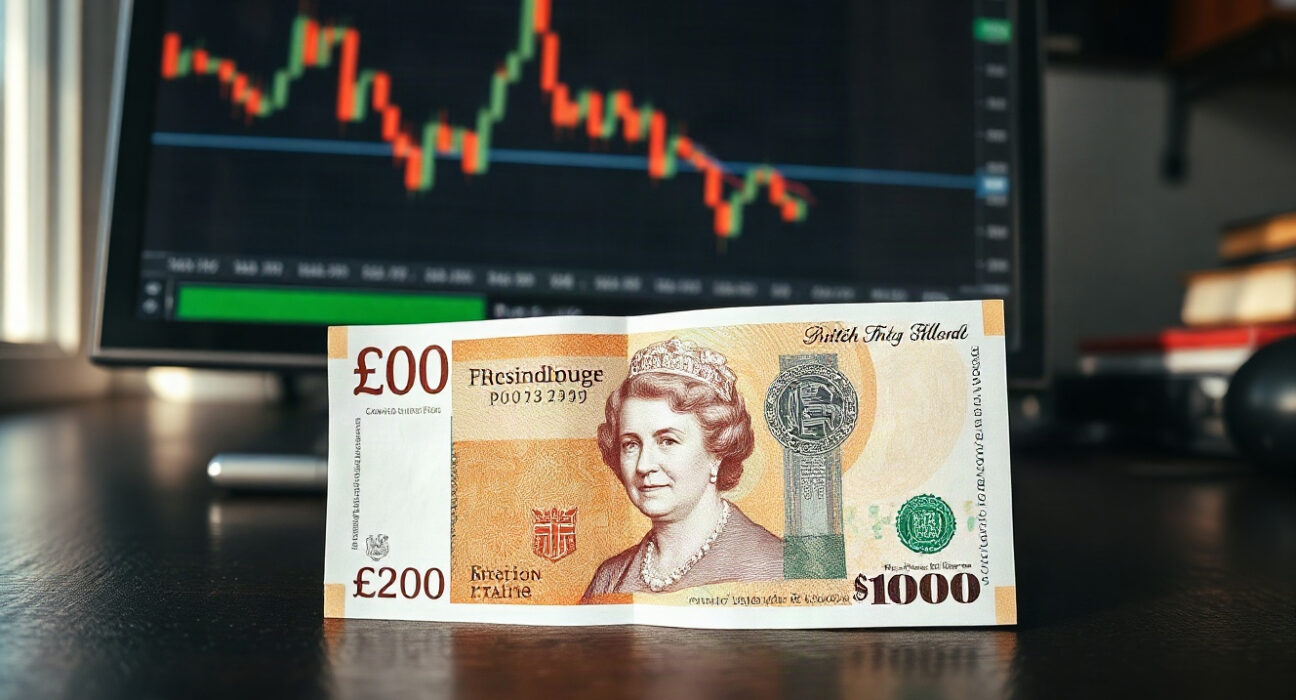 British pound and US dollar banknotes on a desk with financial charts in the background