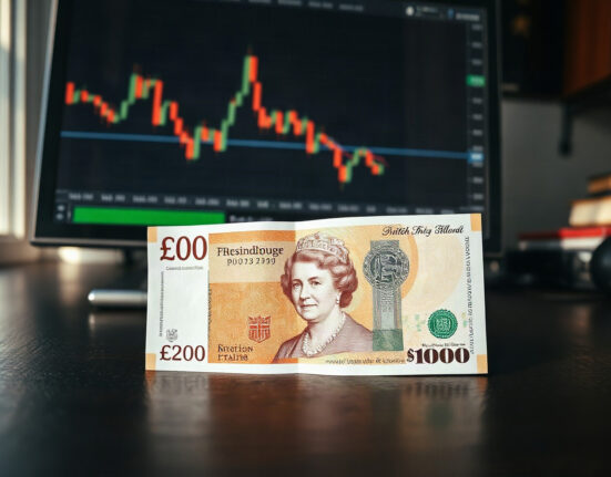 British pound and US dollar banknotes on a desk with financial charts in the background