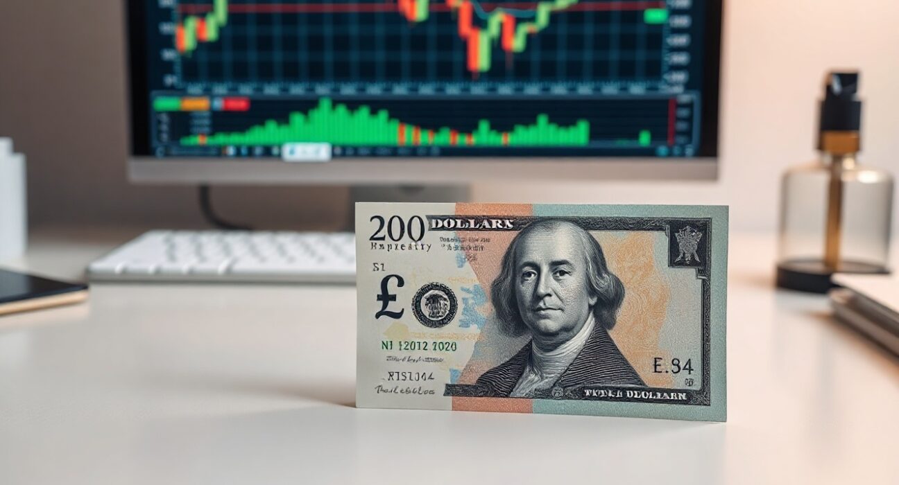 British pound and US dollar banknotes on a desk with a trading chart in the background