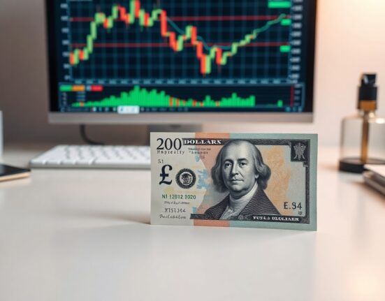 British pound and US dollar banknotes on a desk with a trading chart in the background