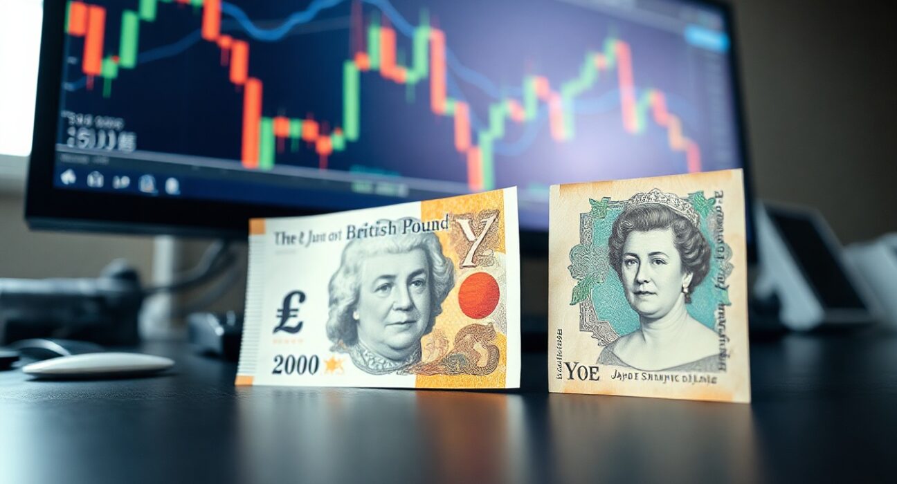 British Pound and Japanese Yen banknotes on a trading desk with chart in background