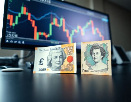 British Pound and Japanese Yen banknotes on a trading desk with chart in background