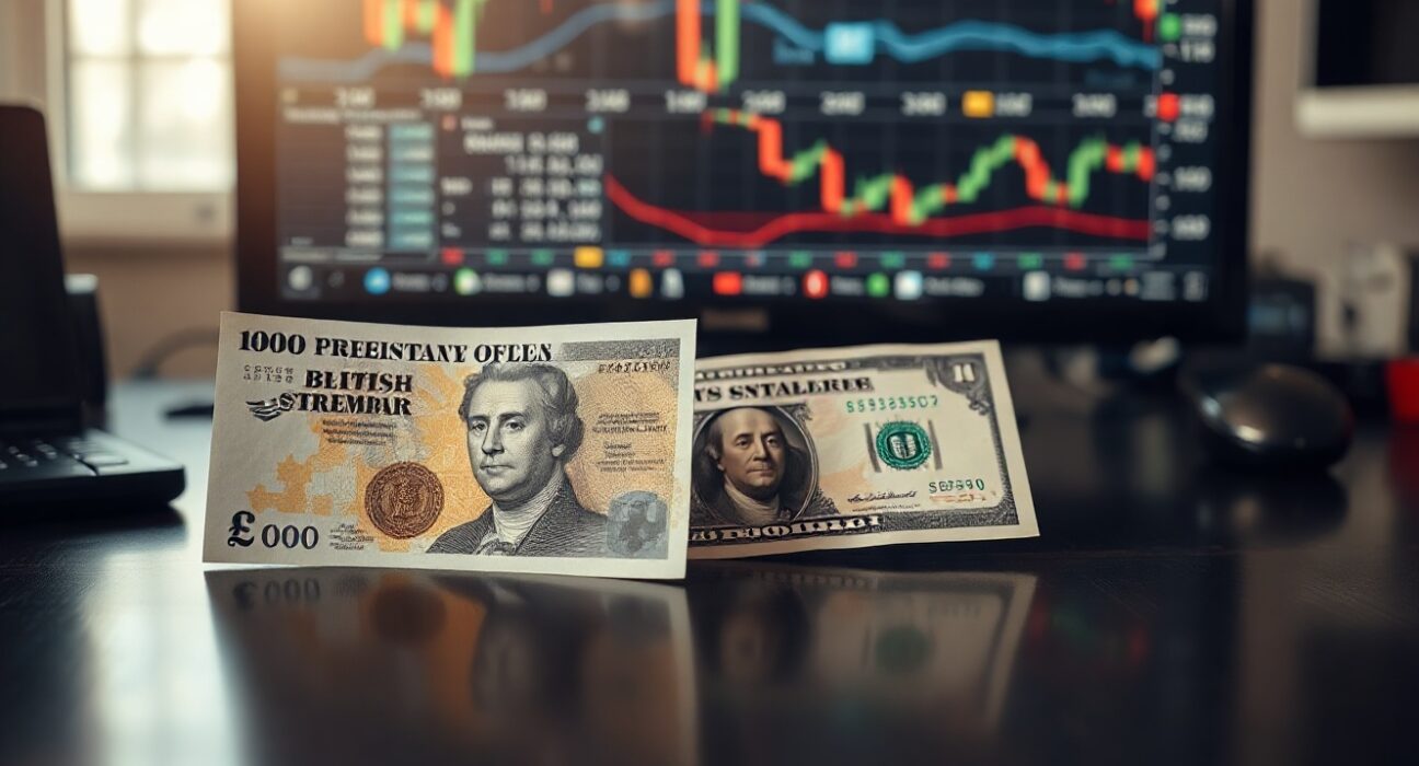 British pound and US dollar banknotes on a desk with financial charts in background