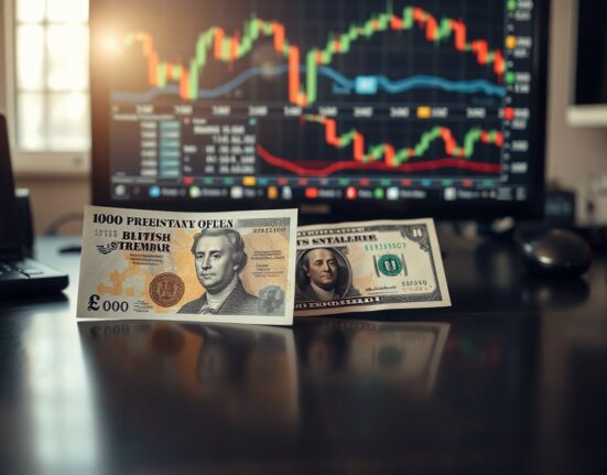 British pound and US dollar banknotes on a desk with financial charts in background