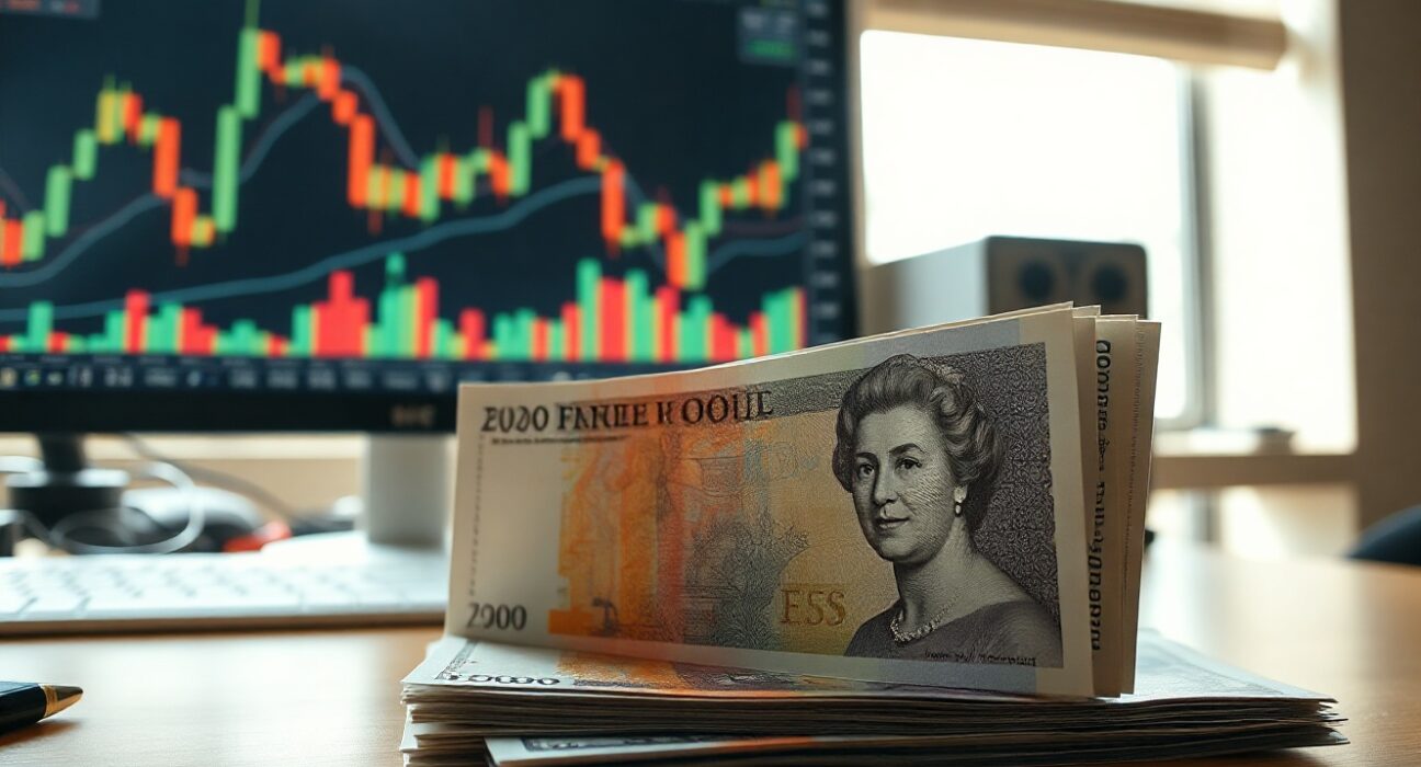 Pound sterling and US dollar banknotes on a desk with a financial chart on a monitor