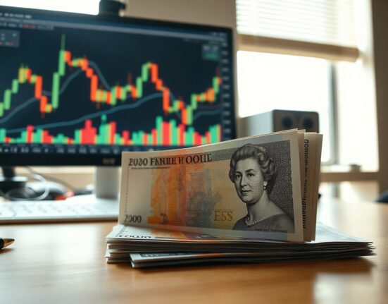 Pound sterling and US dollar banknotes on a desk with a financial chart on a monitor