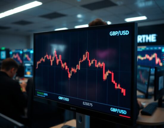 GBP/USD trading screen showing a downward trend amid geopolitical tensions