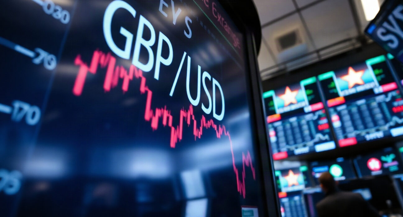 GBP/USD exchange rate chart showing decline on trading floor screen