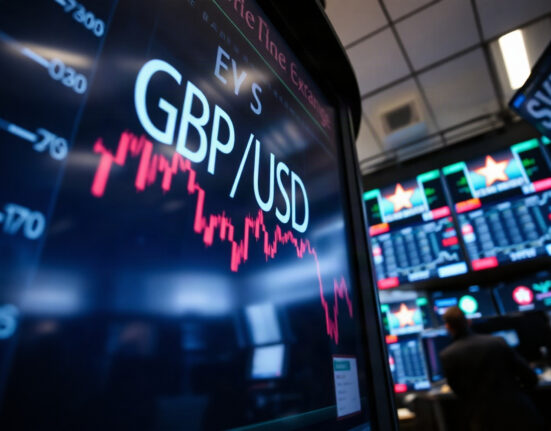 GBP/USD exchange rate chart showing decline on trading floor screen