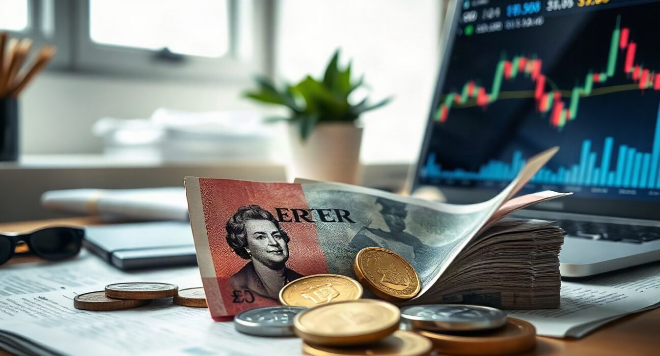British pound banknotes and coins on a financial chart, representing GBP/USD market movements.