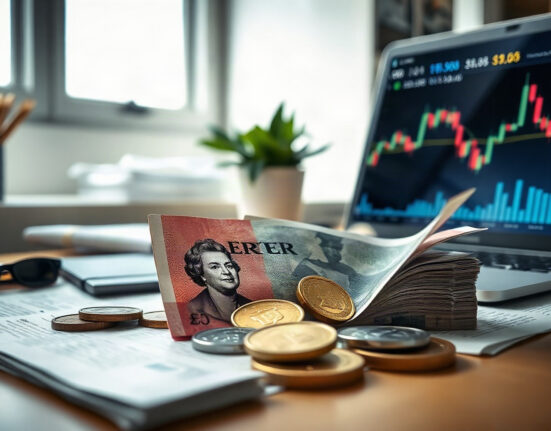 British pound banknotes and coins on a financial chart, representing GBP/USD market movements.