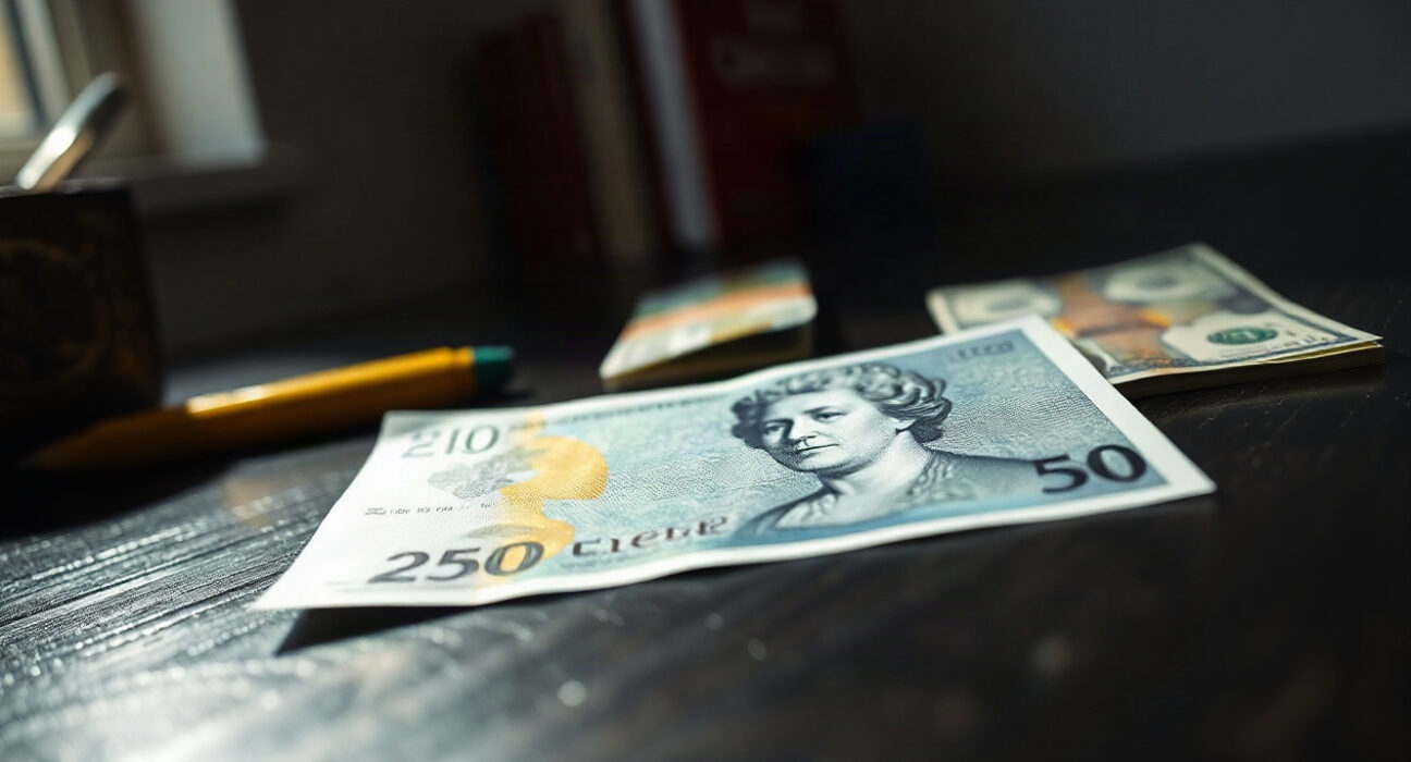 British pound banknote with US dollars blurred in background, representing currency market volatility.