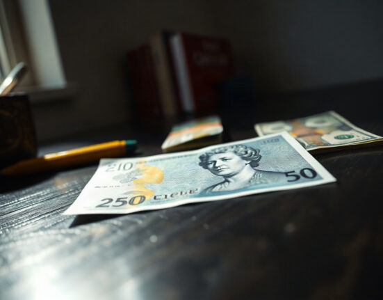 British pound banknote with US dollars blurred in background, representing currency market volatility.