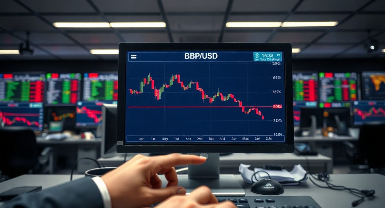 A trading screen showing a declining GBP/USD chart in a professional market setting.