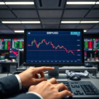 A trading screen showing a declining GBP/USD chart in a professional market setting.