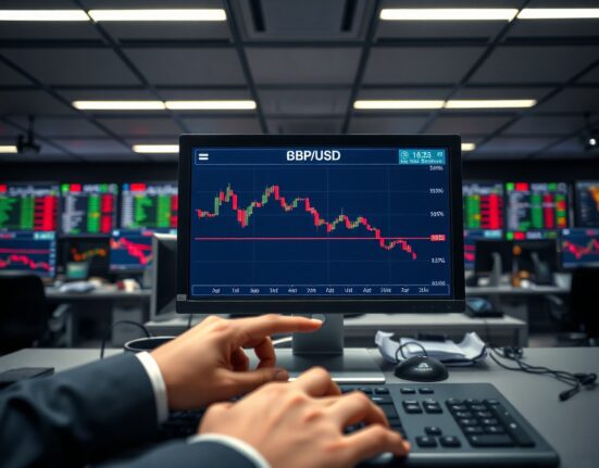 A trading screen showing a declining GBP/USD chart in a professional market setting.