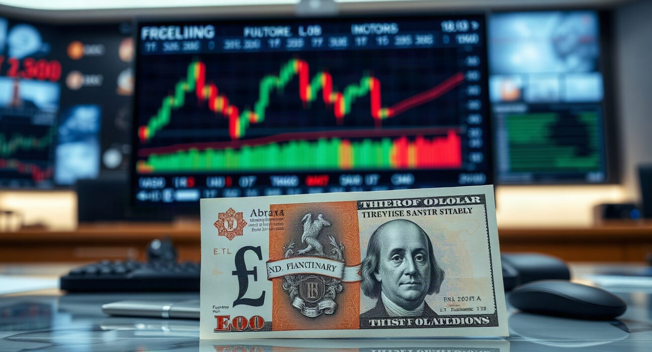 British pound and US dollar banknotes on a trading desk with a forex chart in the background