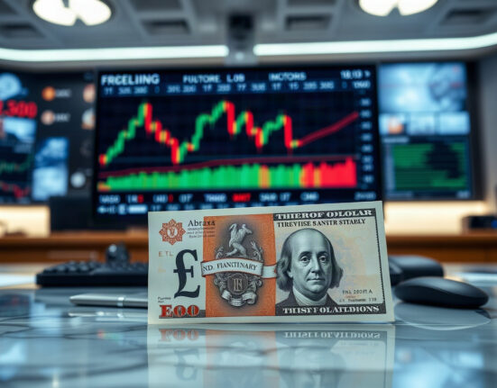 British pound and US dollar banknotes on a trading desk with a forex chart in the background