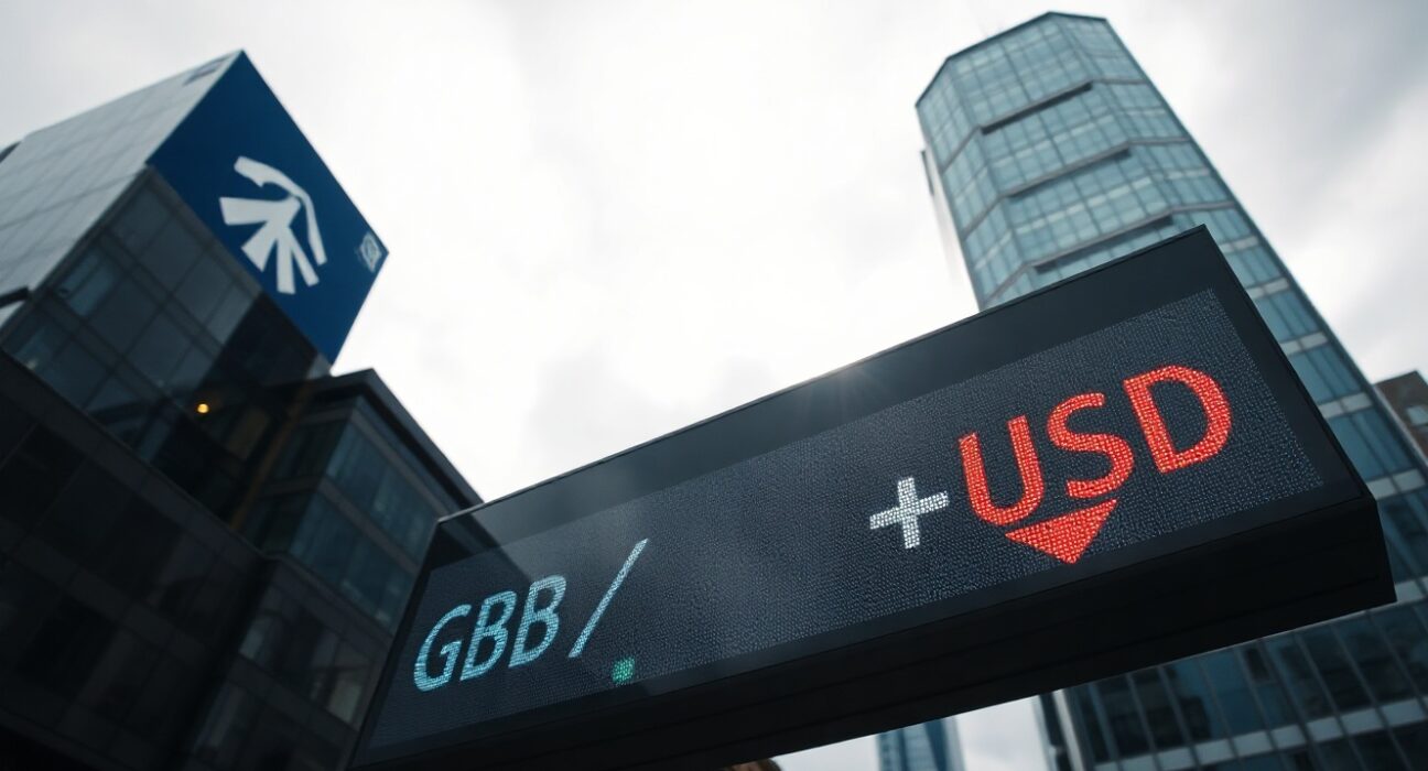 GBP/USD exchange rate board showing decline in London financial district