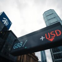 GBP/USD exchange rate board showing decline in London financial district
