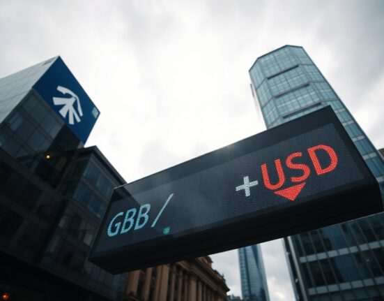 GBP/USD exchange rate board showing decline in London financial district