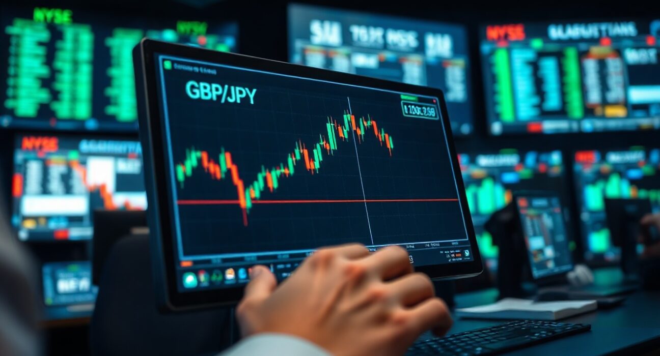 GBP/JPY chart on trading screen showing downward trend amid Bank of Japan hawkish policy signals.