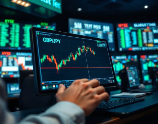 GBP/JPY chart on trading screen showing downward trend amid Bank of Japan hawkish policy signals.
