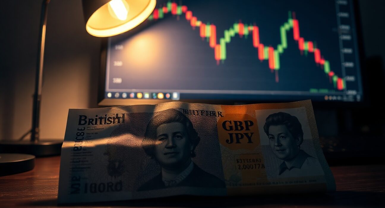 British pound and Japanese yen banknotes with a forex chart showing a decline in the background