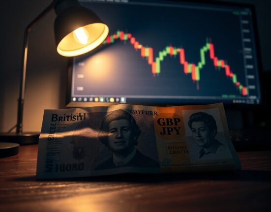 British pound and Japanese yen banknotes with a forex chart showing a decline in the background