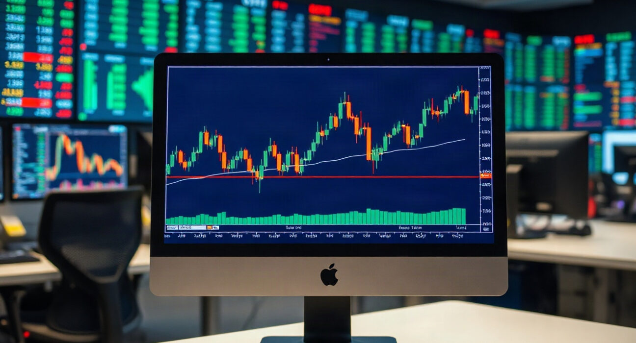 GBP/USD currency chart on a monitor in a trading office